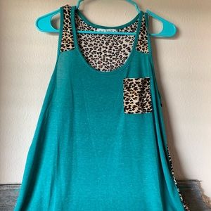 Turquoise and leopard flowy tank top